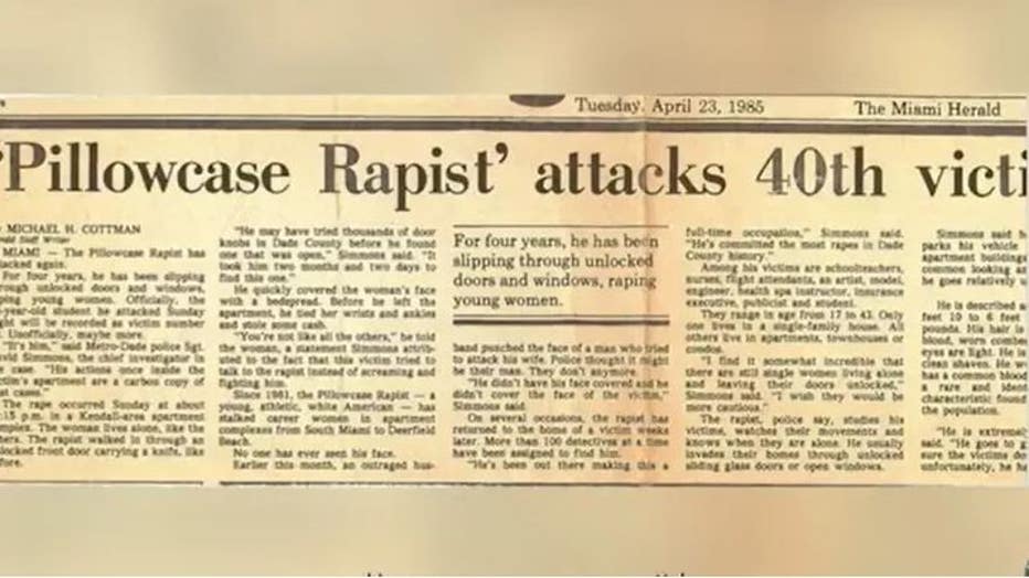 A newspaper article from the 1980s describing an unknown rape suspect dubbed the 'Pillowcase Rapist' accused of targeting 40 to 45 victims. 
