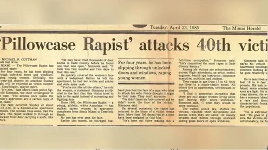 A newspaper article from the 1980s describing an unknown rape suspect dubbed the 'Pillowcase Rapist' accused of targeting 40 to 45 victims.