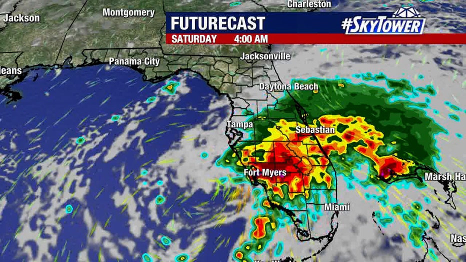 image shows prediction radar weather graphic of potential tropical cyclone one as it may appear at 4 a.m. Saturday