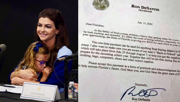 Side-by-side photo Casey DeSantis, photo of letter sent to families with $450 checks