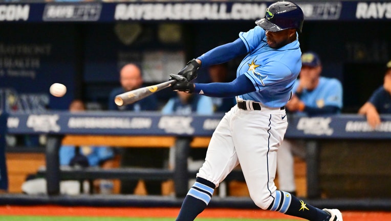 Roman Quinn #25 of the Tampa Bay Rays hits a double in the second inning against the Cleveland Guardians at Tropicana Field on July 31, 2022 in St Petersburg, Florida. 