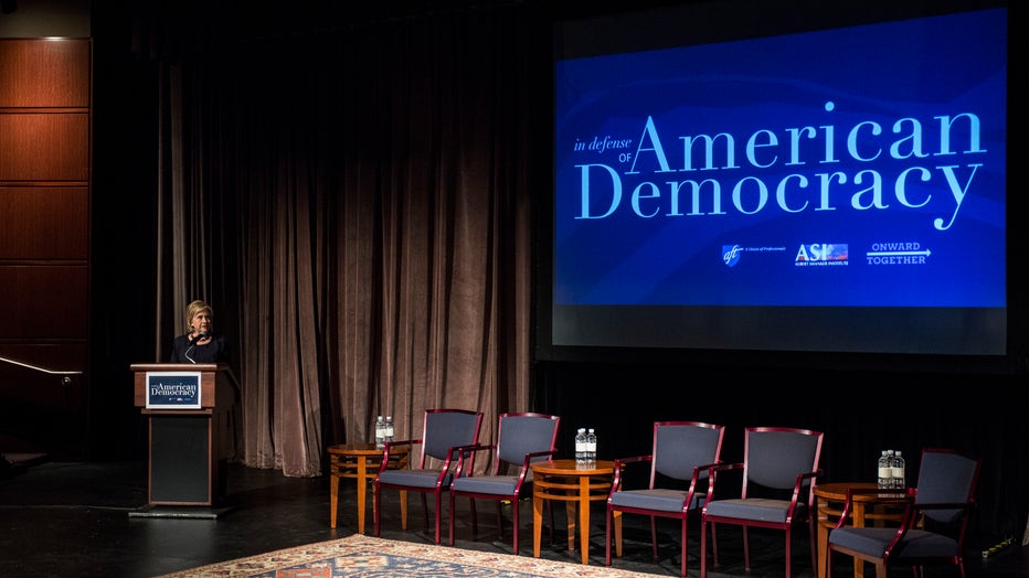 Former Secretary of State Hillary Clinton delivers a keynote speech during the American Federation of Teachers Shanker Institute Defense of Democracy Forum at George Washington University 