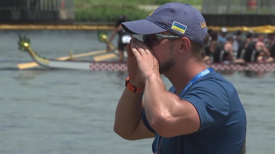 Ukrainian dragon boat team coach close up.