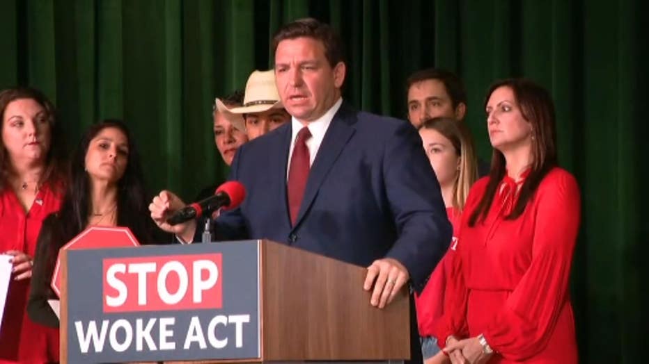 Florida Gov. Ron DeSantis speaks in Wildwood, Florida in April 2022 about the "Stop Wrongs To Our Kids and Employees Act," or Stop WOKE Act.