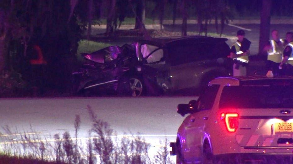 Photo: Mini-van with extensive front-end damage after colliding with tree in Lakeland.