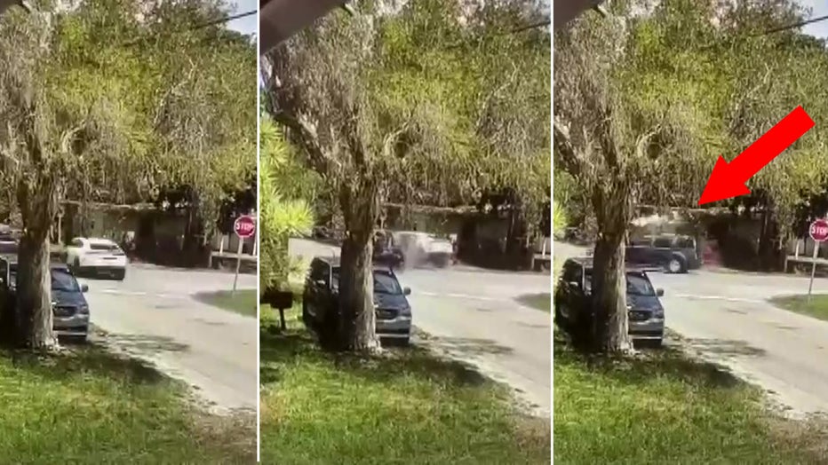 Composite photo shows stills from security video of the the crash involving a rented Lamborghini that ran a stop sign in a Fort Lauderdale, Florida neighborhood, causing the luxury car to go airborne into a home and burst into flames.