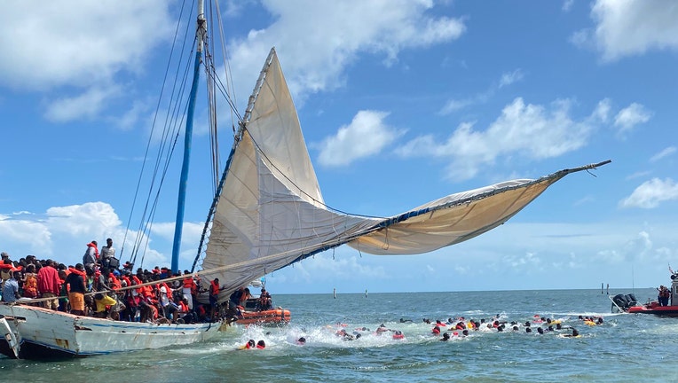 Makeshift ship with migrants
