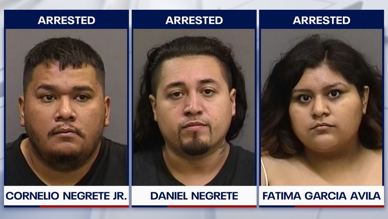 Photo: Compilation image showing mugshots of Cornelio Negrete Jr., Daniel Negrete, and Fatima Garcia Avila