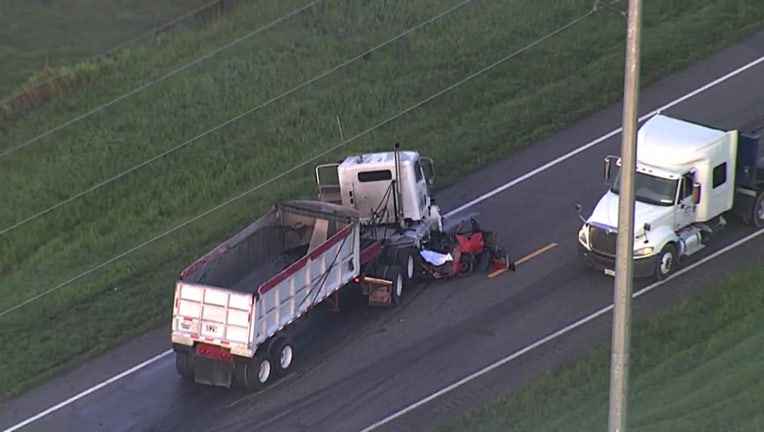 Photo: Still image of SkyFOX aerials show the destroyed vehicle partially underneath the front cab of the semi.