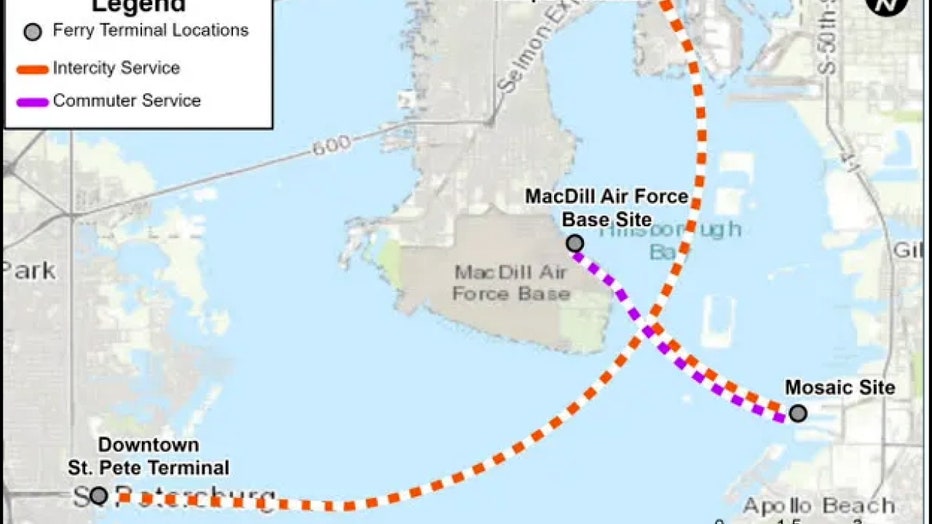Photo: Map shows proposed route between a Gibsonton terminal, which would need to be built, and MacDill Air Force Base