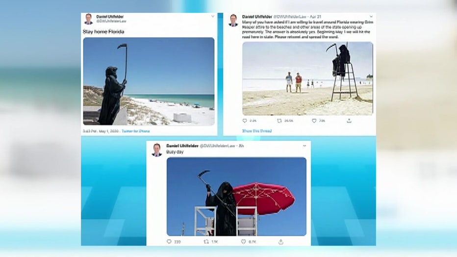 Daniel Uhlfelder dressed as the Grim Reaper and walked Florida beaches to oppose reopening at the beginning of the pandemic