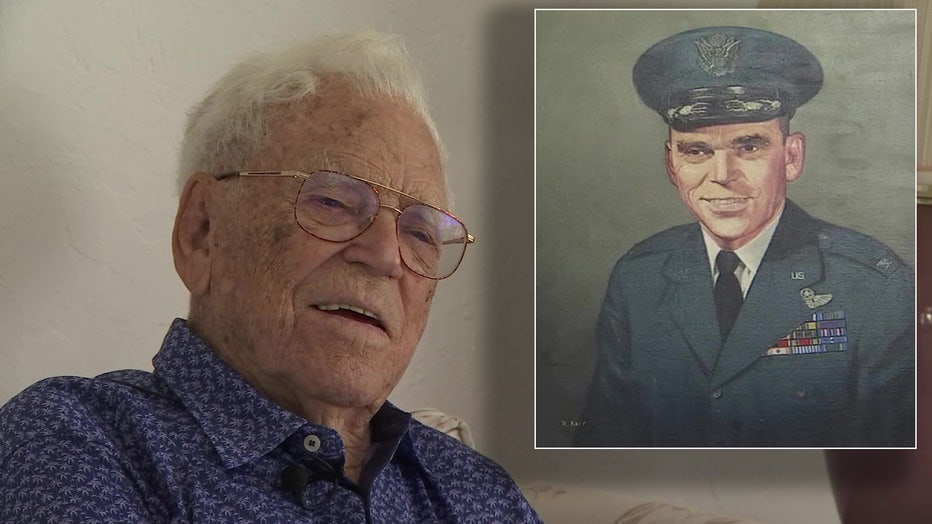 100-year-old Kenneth Beckman next to an image of him from WWII. 