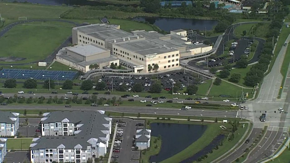 Aerial view of Rushe High School after evacuation due to old threat