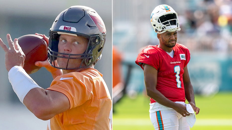 Photo: Side-by-side of Tom Brady and Tua Tagovailoa during pratice