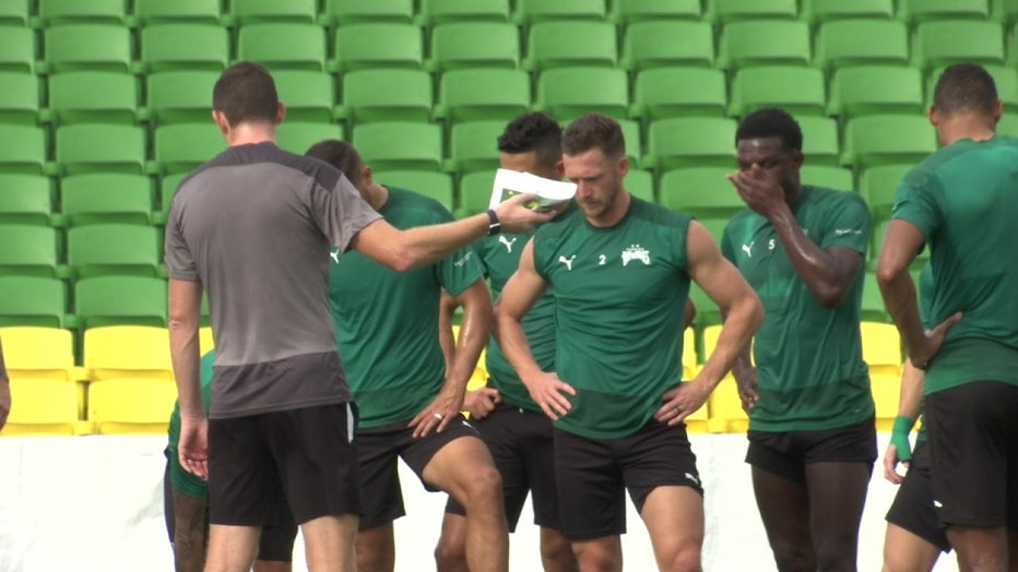 Players with the Tampa Bay Rowdies meet during practice in St. Petersburg. 
