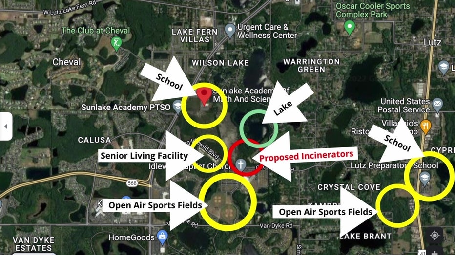 A graphic shows the proximity of the incinerator to schools, parks, etc.