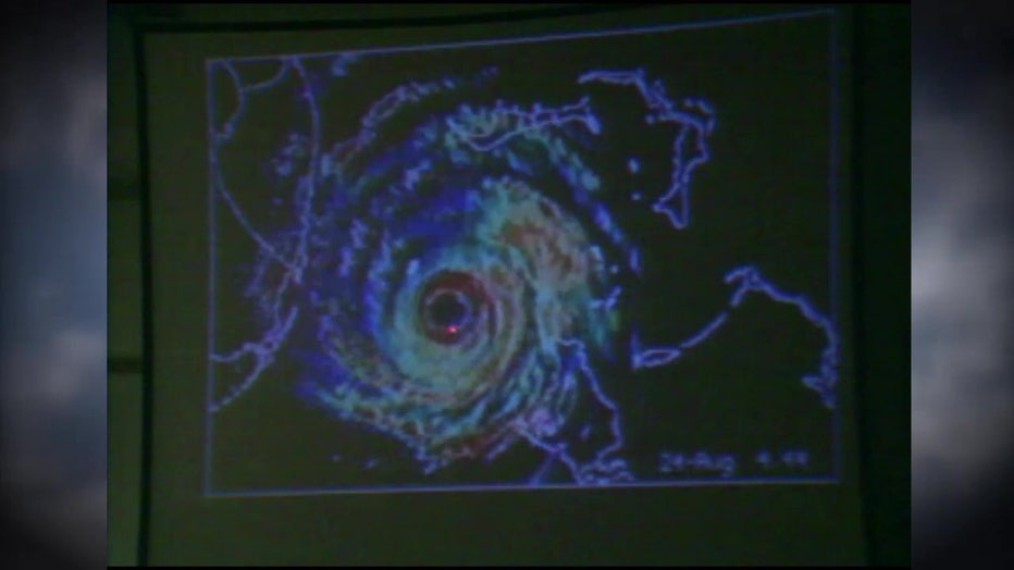 A satellite image shows Hurricane Andrew moving across South Florida.