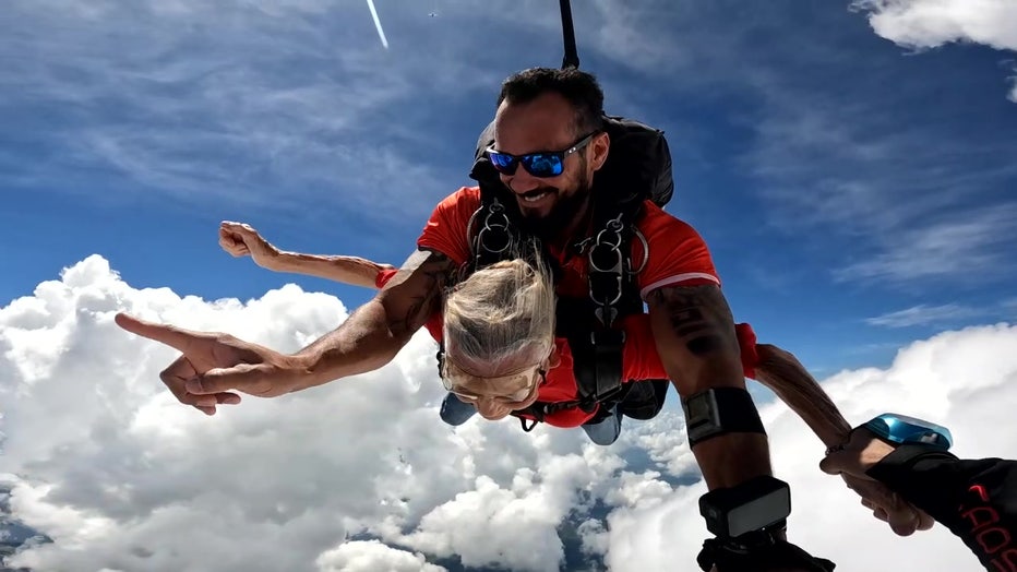 Rose Mary Bond , 92, went skydiving on the 57th anniversary of her daughter's death to raise money for cancer research. 