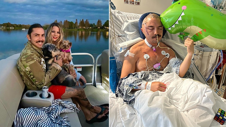 Photo: Side-by-side images showing JC Defeats before the attack and him while he is in the hospital.