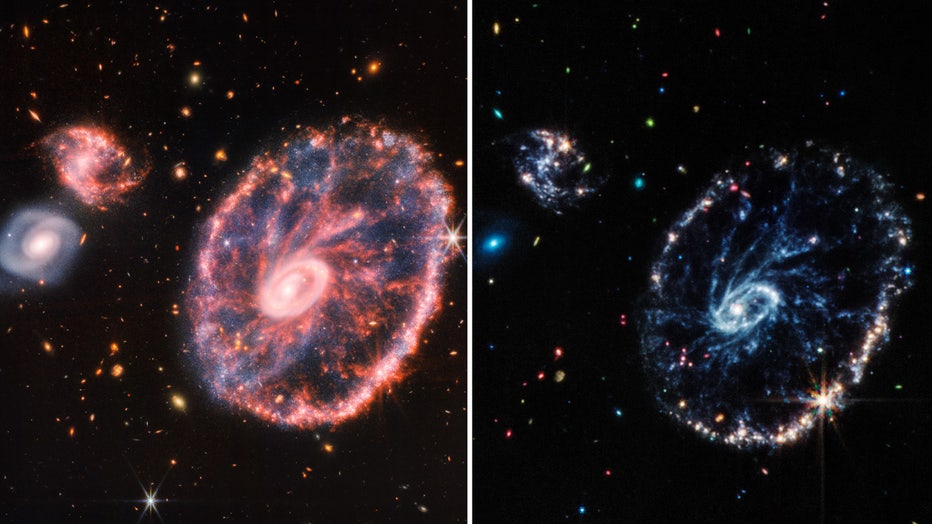 Left image: A large pink, speckled galaxy resembling a wheel with with a small, inner oval, with dusty blue in between on the right, with two smaller spiral galaxies about the same size to the left against a black background. Right image taken from James Webb Telescope's Mid-Infrared Instrument.