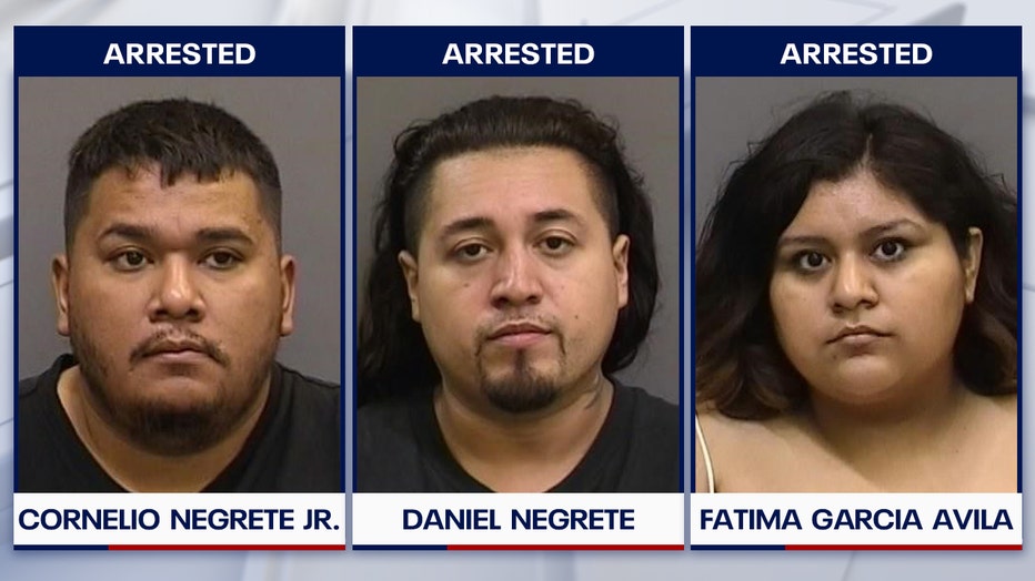 Photo: Compilation image showing mugshots of Cornelio Negrete Jr., Daniel Negrete, and Fatima Garcia Avila