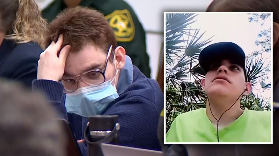 Photo: Confessed Parkland school shooter Nikolas Cruz holds his head during his penalty trial Monday, Aug. 1, 2022 in Fort Lauderdale, Florida. Insert shows a still of one of the cellphone videos Cruz recorded in the days leading up to the massacre, where he detailed his plans to carry out the mass shooting at Marjory Stoneman Douglas High School.