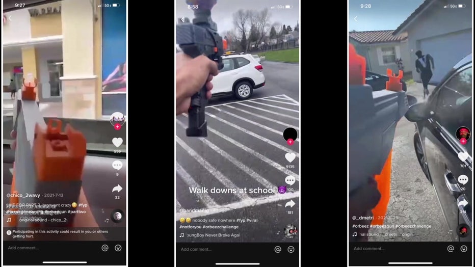 TikTok images of people shooting gel pellets as part of Orbeez challenge.
