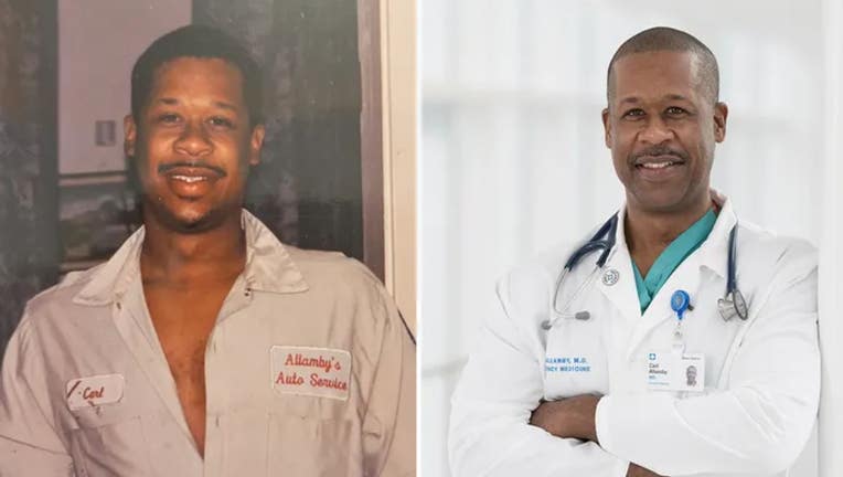Photo: Side-by-side images show Carl Allamby when he worked as a mechanic, and now as a doctor.