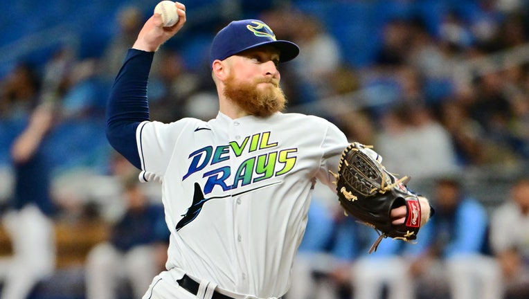 Drew Rasmussen #57 of the Tampa Bay Rays delivers a pitch to the Toronto Blue Jays in the first inning at Tropicana Field on September 24, 2022 in St Petersburg, Florida.