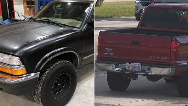 Photo: Side-by-side image of stolen red truck after it was spray painted black.