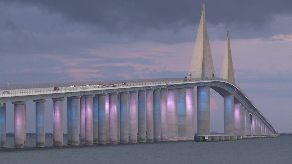 The Sunshine Skyway lights up teal in honor of Ovarian Cancer Awareness Month. 