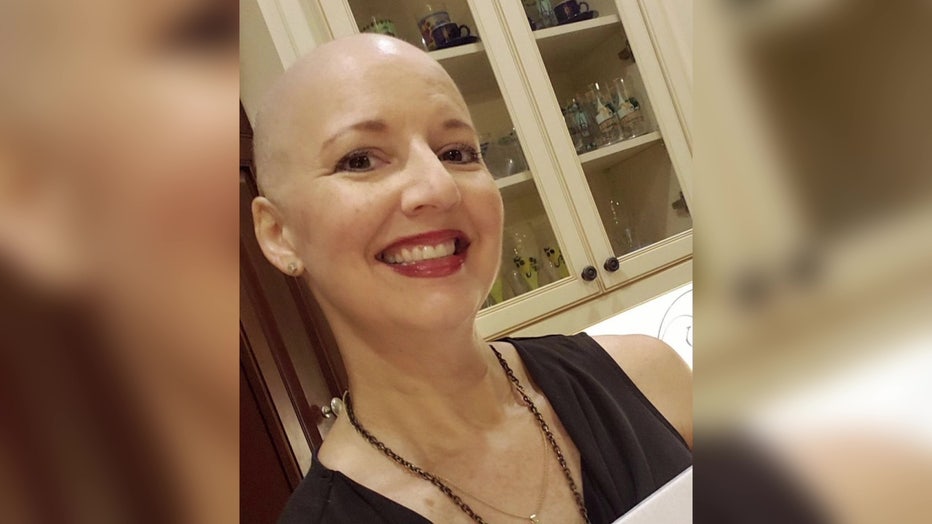 Kerry Kriseman with no hair while undergoing chemotherapy for ovarian cancer. 
