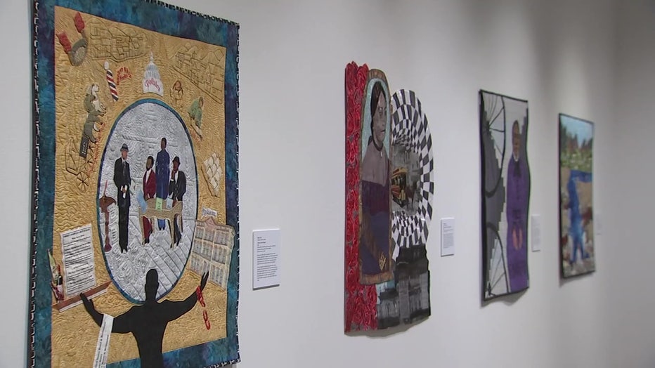 Quilts depicting Black pioneers of the American West line the walls of the James Museum. 