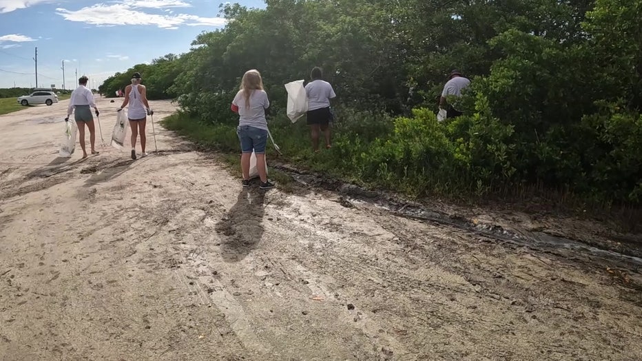 Volunteers pick up trash along Gandy Beach. 