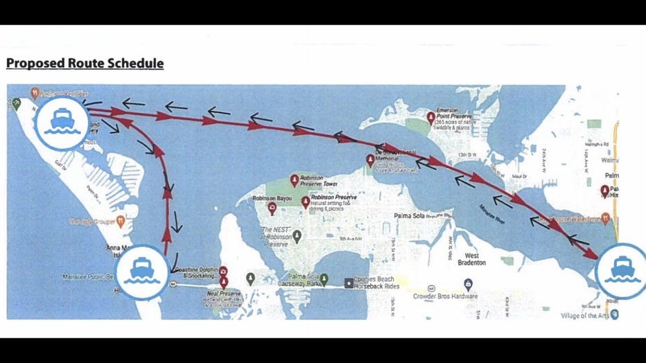 Map of proposed water taxi route. 