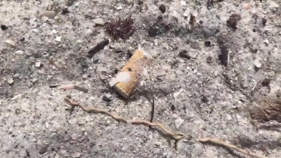 A cigarette butt sits on the beach. 