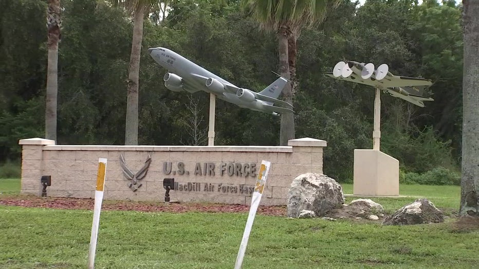 A replica of the iconic Memphis Belle air craft sits outside MacDill Air Force Base. 