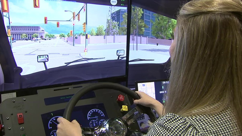 Next Generation Trucking, which offers simulator training, allowed people at the conference expo to take a shot at driving a virtual big rig. 