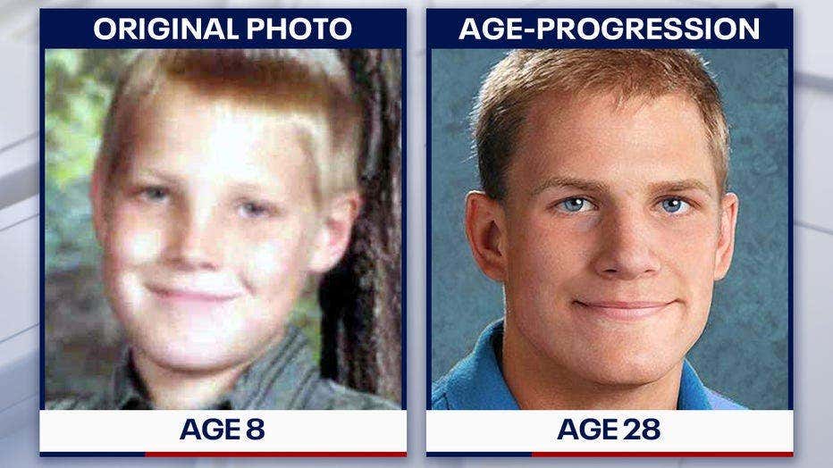 Age progression photo of Zachary Bernhardt next to a photo of him at age 8.