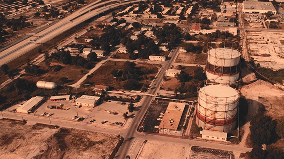 Photo: Aerial view of the Gas Plant District with the iconic twin cylinder towers pictured.