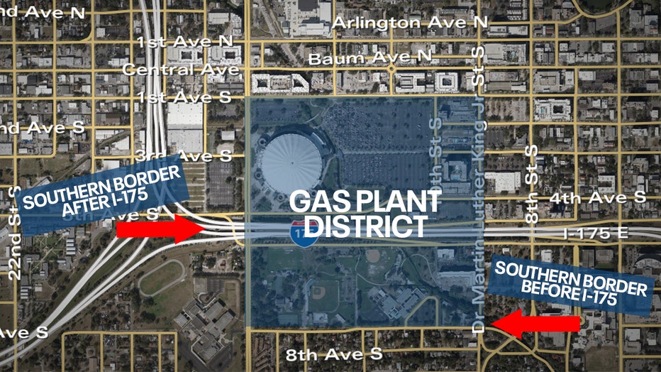 Photo: This map shows Gas Plant's loose boundaries and where the southern border was before and after the construction of I-175.
