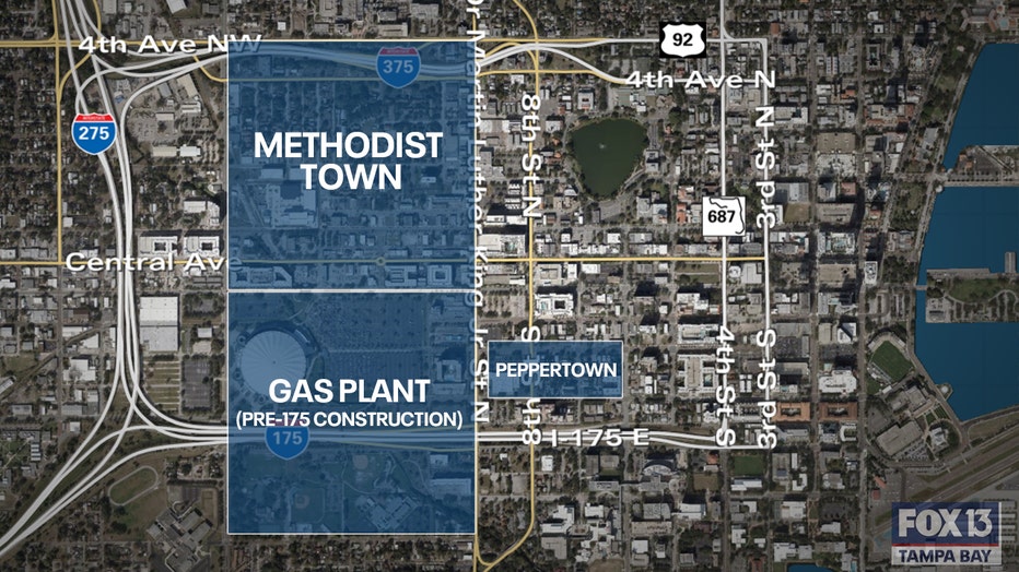 Photo: The loose boundaries for the original three Black neighborhoods of St. Pete are shown for Methodist Town, Gas Plant and Peppertown.