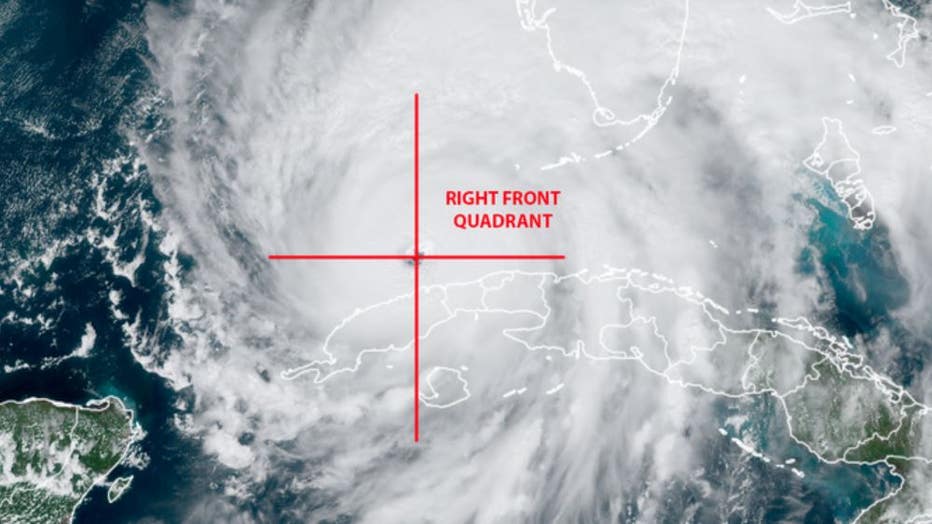 Photo: Satellite image of Hurricane Ian with graphic showing storm broken into four quadrants.