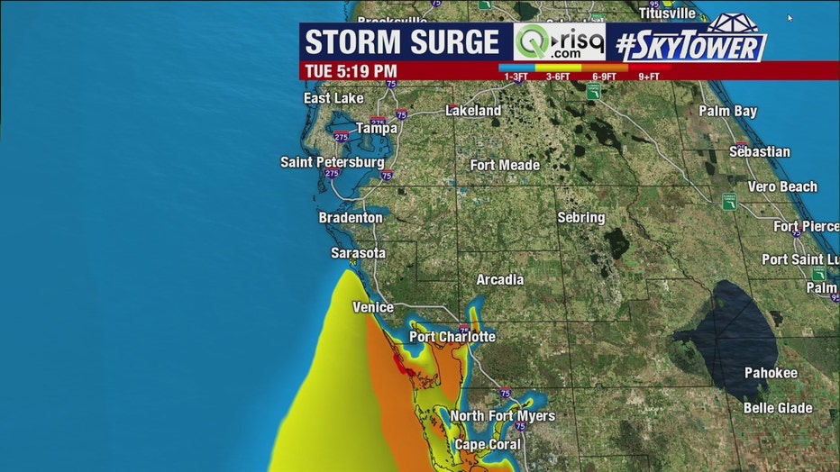 Predictions for major storm surge have moved south of Tampa Bay to northern Manatee and all of Sarasota County