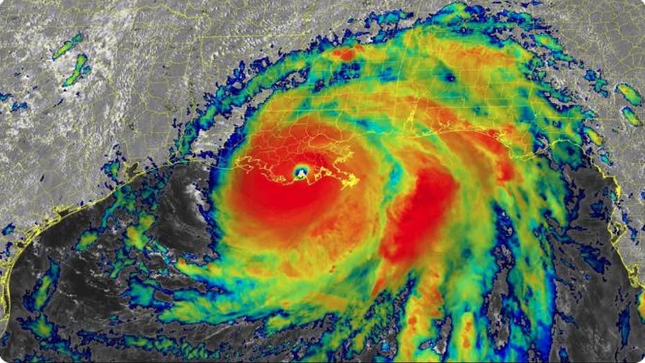 Infrared satellite image of Hurricane Ida after the storm made landfall in southeastern Louisiana on Sunday, Aug. 29, 2021.