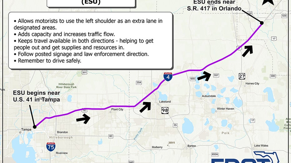Interstate 4 Emergency Shoulder Use map for Hurricane Ian