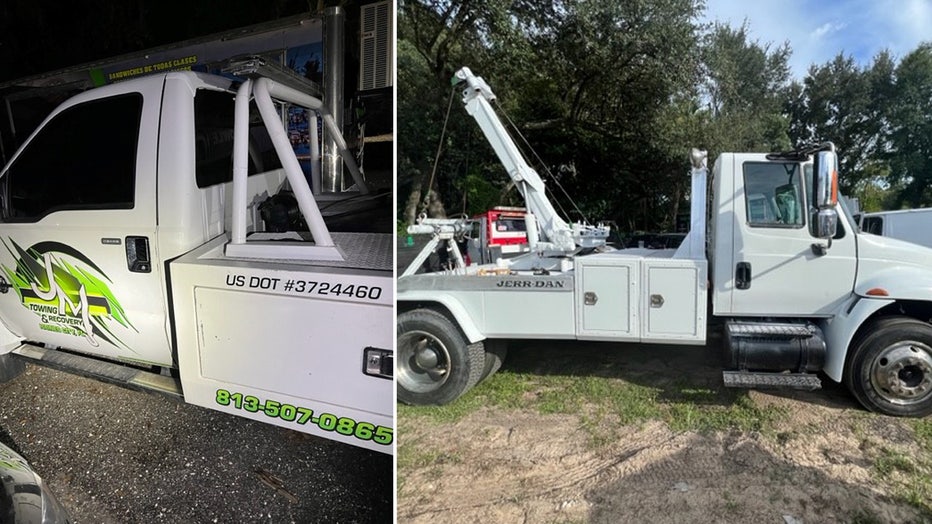 Photo: Side-by-side image of tow trucks operated by Jesus Melendez - one marked J & M Towing, the other unmarked.