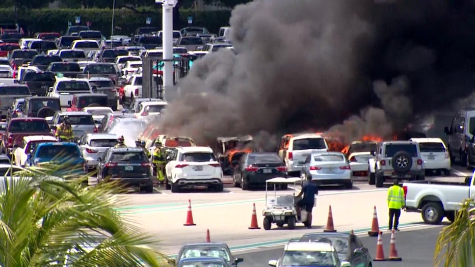 Vehicles burn outside Miami Dolphins game against New England Patriots