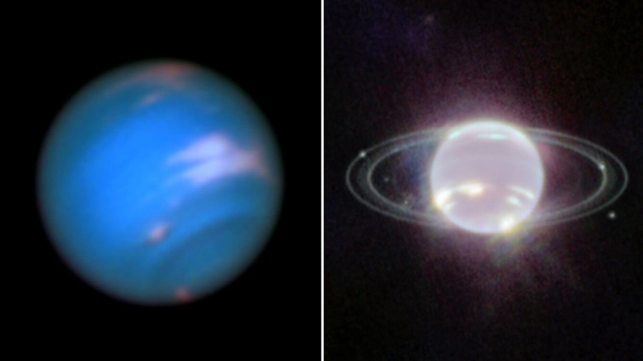 Photo: Side-by-side images show Hubble Space Telescope image of Neptune on the left, with its signature blue appearance caused by small amounts of gaseous methane, and the Webb Telescope's image of Neptune on the right, where Neptune appears bright white due to the telecope's Near-Infrared Camera.