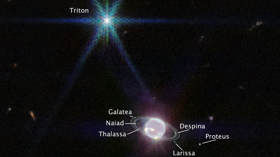 Photo: In this version of the James Webb Space Telescope's Near-Infrared Camera image of Neptune, the planet’s visible moons are labeled. Neptune has 14 known satellites, and seven of them are visible in this image.